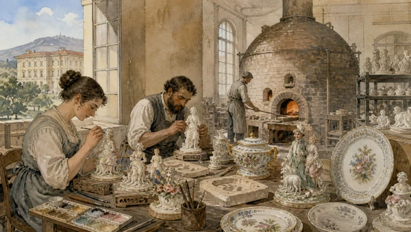 Original documentary watercolour of Capodimonte porcelain: royal industry and skilled labour in Naples, showing architecture, people and present-day urban context