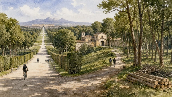 Original documentary watercolour of Real Bosco: avenues, groves and public use in Naples, showing architecture, people and present-day urban context