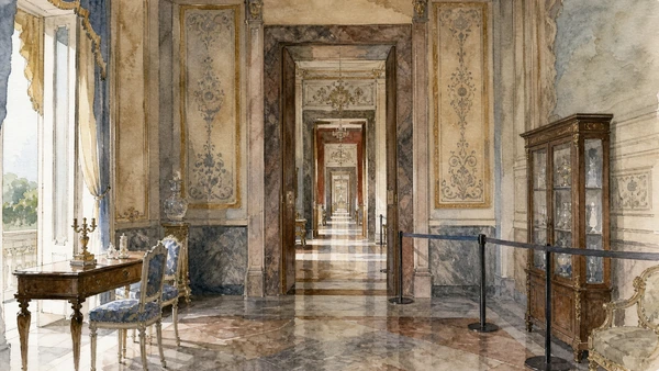 Original documentary watercolour of Royal apartments: ceremony, residence and later display in Naples, showing architecture, people and present-day urban context