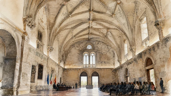 Original documentary watercolour of Hall of the Barons: royal ceremony and political conflict in Naples, showing architecture, people and present-day urban context