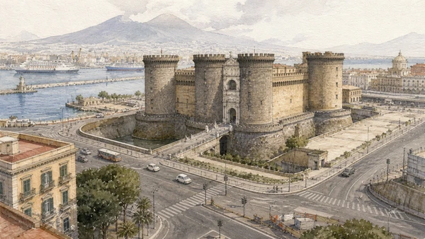 Original documentary watercolour of Castel Nuovo: fortress beside the harbour in Naples, showing architecture, people and present-day urban context