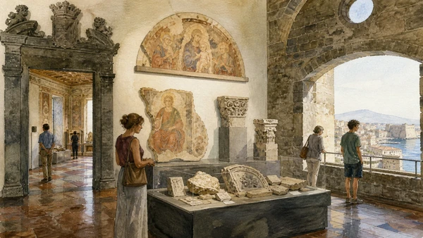 Original documentary watercolour of Civic Museum: art, fragments and the city's ownership in Naples, showing architecture, people and present-day urban context