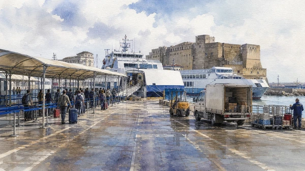 Original documentary watercolour of Molo Beverello: departure infrastructure for the islands in Naples, showing architecture, people and present-day urban context