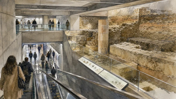 Original documentary watercolour of Municipio Metro station: transport through an archaeological harbour in Naples, showing architecture, people and present-day urban context