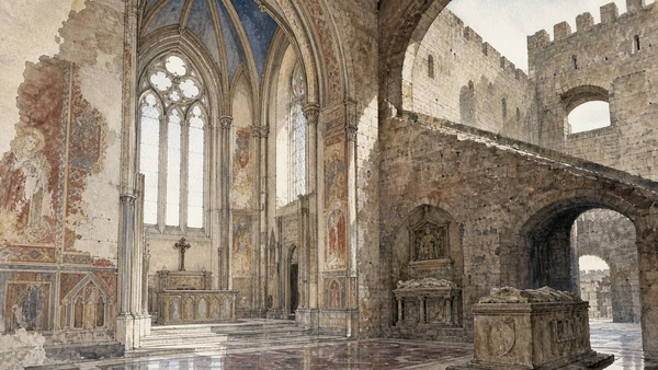 Original documentary watercolour of Palatine Chapel: surviving Angevin worship inside Aragonese rebuilding in Naples, showing architecture, people and present-day urban context