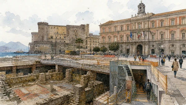 Original documentary watercolour of Piazza Municipio: archaeology, metro and civic government in Naples, showing architecture, people and present-day urban context