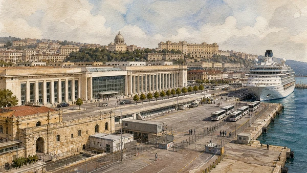 Original documentary watercolour of Stazione Marittima: modern architecture at the cruise quay in Naples, showing architecture, people and present-day urban context