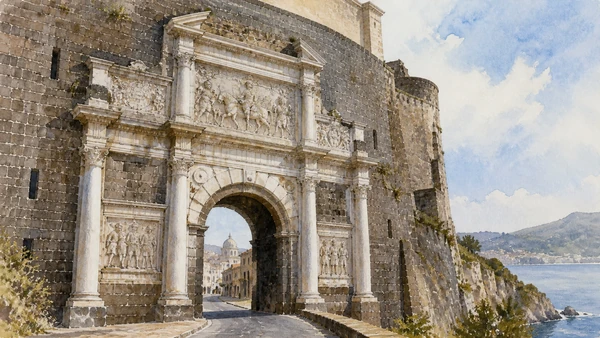 Original documentary watercolour of Aragonese triumphal arch: conquest carved into the gate in Naples, showing architecture, people and present-day urban context