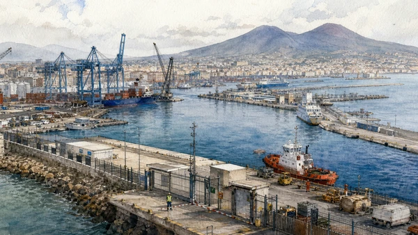 Original documentary watercolour of The working port: labour, freight and security beyond the visitor frame in Naples, showing architecture, people and present-day urban context