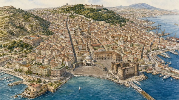 Original illustrated atlas of Naples with ten connected historic-centre, hill, port, waterfront and tuff territories