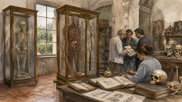Original documentary watercolour of Anatomical Machines: eighteenth-century display and modern evidence in Naples, showing architecture, people and present-day urban context