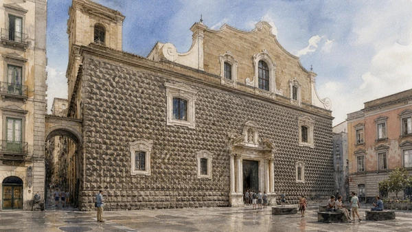 Original documentary watercolour of Gesù Nuovo façade: a Renaissance palace becomes a Jesuit church in Naples, showing architecture, people and present-day urban context