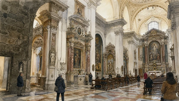Original documentary watercolour of Gesù Nuovo interior: Jesuit space, chapels and living devotion in Naples, showing architecture, people and present-day urban context