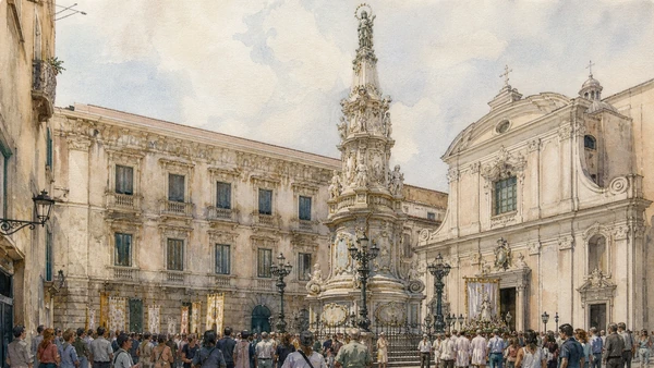 Original documentary watercolour of Guglia dell'Immacolata: devotion in the public square in Naples, showing architecture, people and present-day urban context
