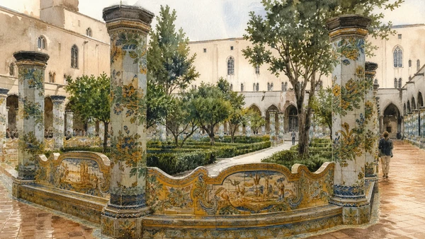 Original documentary watercolour of Santa Chiara's majolica cloister: enclosure reshaped as an eighteenth-century garden in Naples, showing architecture, people and present-day urban context