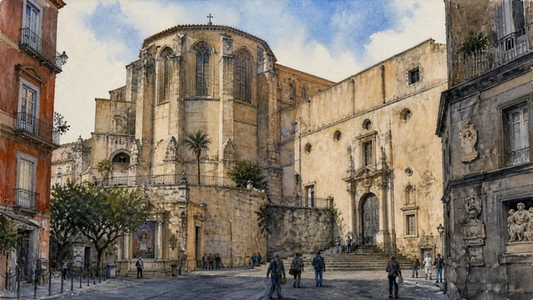 Original documentary watercolour of San Domenico Maggiore: university, dynasty and Dominican memory in Naples, showing architecture, people and present-day urban context