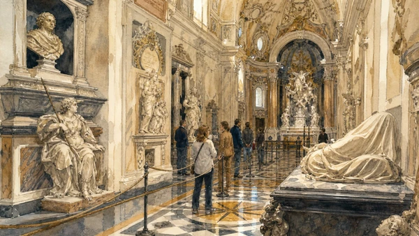 Original documentary watercolour of Sansevero Chapel: a noble programme, not a cabinet of mysteries in Naples, showing architecture, people and present-day urban context