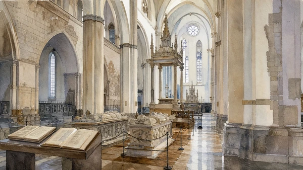 Original documentary watercolour of Santa Chiara Basilica: Angevin foundation and post-war rebuilding in Naples, showing architecture, people and present-day urban context