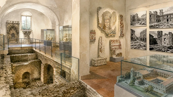 Original documentary watercolour of Santa Chiara museum and archaeology: the complex behind the image in Naples, showing architecture, people and present-day urban context