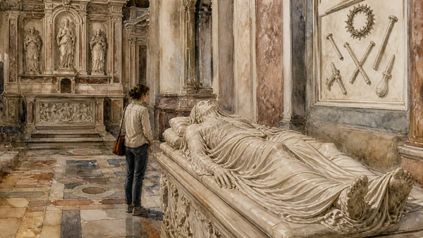 Original documentary watercolour of The Veiled Christ: sculpture, placement and close looking in Naples, showing architecture, people and present-day urban context