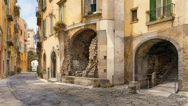 Original documentary watercolour of The Roman theatre: architecture absorbed by houses in Naples, showing architecture, people and present-day urban context