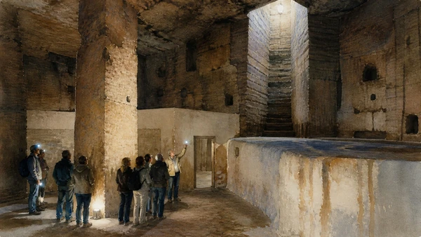 Original documentary watercolour of Naples Underground: cisterns, quarries and controlled storytelling in Naples, showing architecture, people and present-day urban context