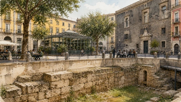 Original documentary watercolour of Piazza Bellini: walls inside a social square in Naples, showing architecture, people and present-day urban context