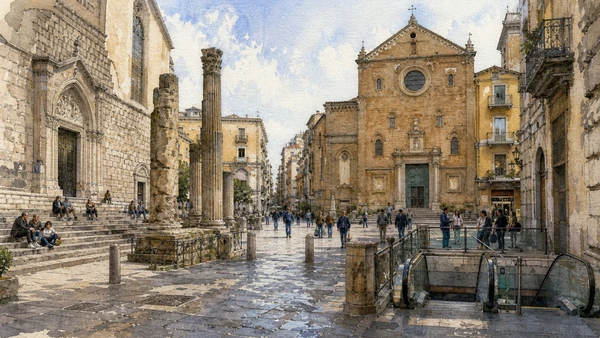 Original documentary watercolour of Piazza San Gaetano: civic centre reused in Naples, showing architecture, people and present-day urban context