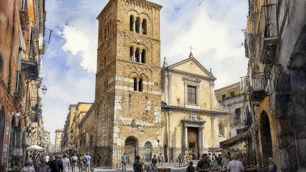 Original documentary watercolour of Pietrasanta: bell tower, sanctuary and deep memory in Naples, showing architecture, people and present-day urban context