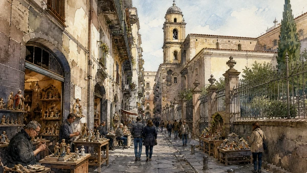 Original documentary watercolour of San Gregorio Armeno: sacred complex and workshop street in Naples, showing architecture, people and present-day urban context