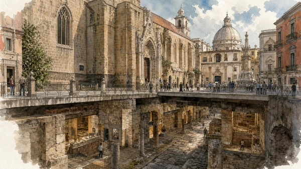 Original documentary watercolour of San Lorenzo Maggiore: church above the ancient city in Naples, showing architecture, people and present-day urban context