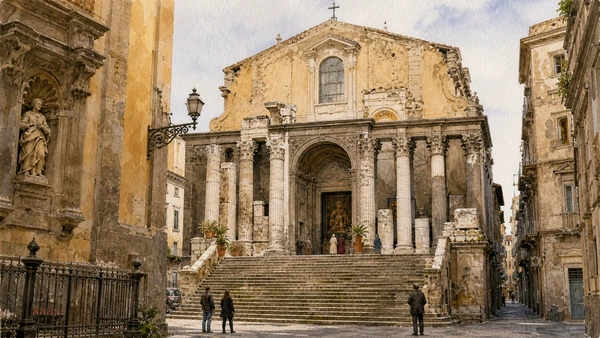 Original documentary watercolour of San Paolo Maggiore: temple columns in a Christian façade in Naples, showing architecture, people and present-day urban context