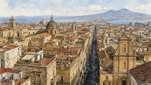 Original documentary watercolour of Spaccanapoli: the long cut seen from street and hill in Naples, showing architecture, people and present-day urban context