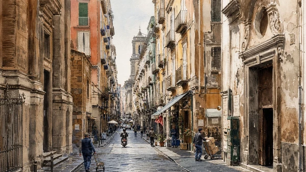 Original documentary watercolour of Via dei Tribunali: the central ancient axis in Naples, showing architecture, people and present-day urban context