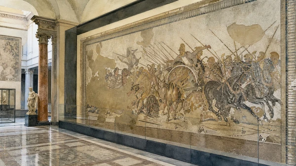 Original documentary watercolour of Alexander Mosaic: a floor image reconstructed in a museum wall in Naples, showing architecture, people and present-day urban context