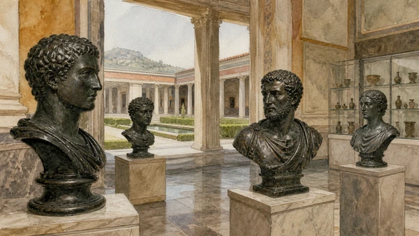 Original documentary watercolour of Bronzes from the Villa of the Papyri: one collection within an elite house in Naples, showing architecture, people and present-day urban context