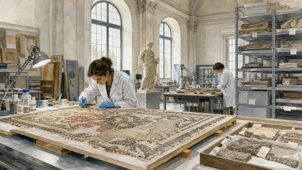 Original documentary watercolour of Conservation and provenance: how the museum keeps changing in Naples, showing architecture, people and present-day urban context