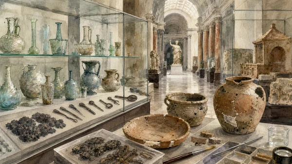 Original documentary watercolour of Everyday objects: food, tools, vessels and domestic systems in Naples, showing architecture, people and present-day urban context