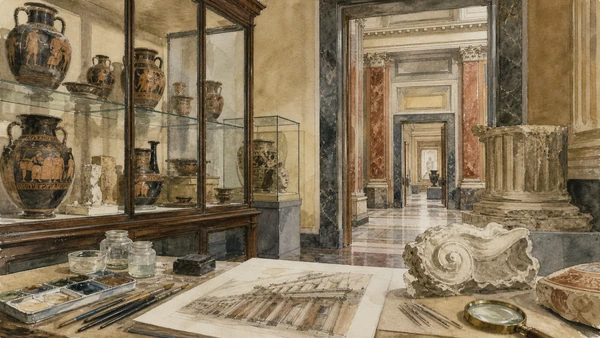 Original documentary watercolour of The Farnese Bull: ancient sculpture and modern reconstruction in Naples, showing architecture, people and present-day urban context