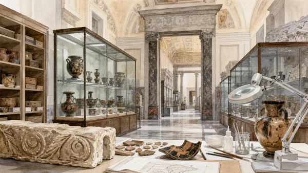 Original documentary watercolour of Farnese Hercules: body, labour and collection fame in Naples, showing architecture, people and present-day urban context