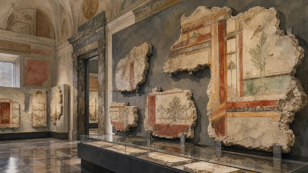 Original documentary watercolour of Vesuvian wall paintings: fragments of complete rooms in Naples, showing architecture, people and present-day urban context