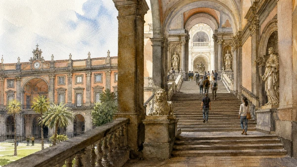 Original documentary watercolour of The museum building: barracks, university and collection palace in Naples, showing architecture, people and present-day urban context
