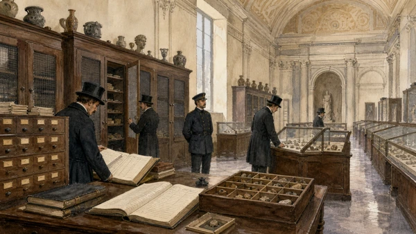Original documentary watercolour of Secret Cabinet: sexuality, censorship and museum classification in Naples, showing architecture, people and present-day urban context