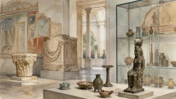 Original documentary watercolour of Temple of Isis collection: ritual, Egypt and Roman Pompeii in Naples, showing architecture, people and present-day urban context