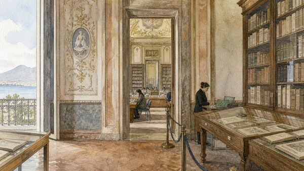 Original documentary watercolour of National Library in the palace: books within former royal space in Naples, showing architecture, people and present-day urban context
