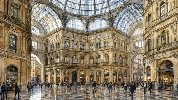 Original documentary watercolour of Galleria Umberto I: glass, commerce and urban repair in Naples, showing architecture, people and present-day urban context