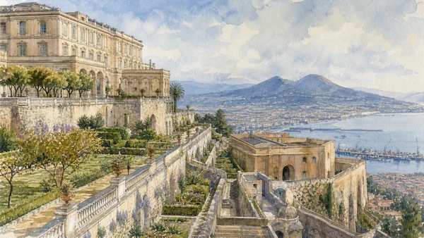 Original documentary watercolour of Royal gardens and hanging views: the palace toward the bay in Naples, showing architecture, people and present-day urban context