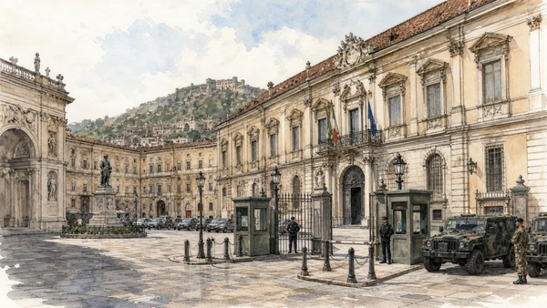 Original documentary watercolour of Palazzo Salerno and the prefectural edge: administration around ceremony in Naples, showing architecture, people and present-day urban context