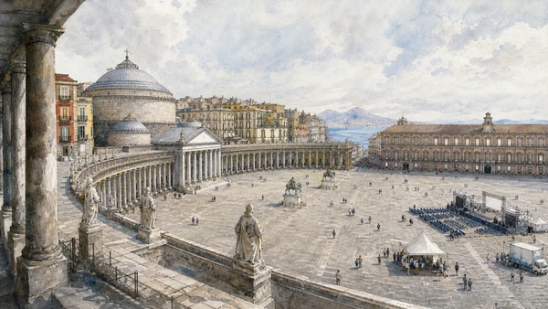 Original documentary watercolour of Piazza del Plebiscito: a monumental room made by clearance in Naples, showing architecture, people and present-day urban context