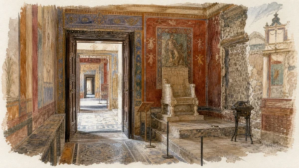 Original documentary watercolour of The Royal Apartment: ceremony through connected rooms in Naples, showing architecture, people and present-day urban context